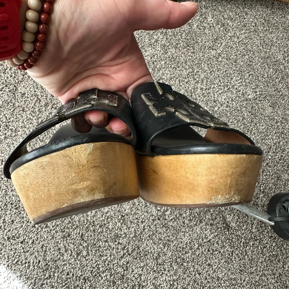 Tory Burch Black Leather Logo Slide Sandals